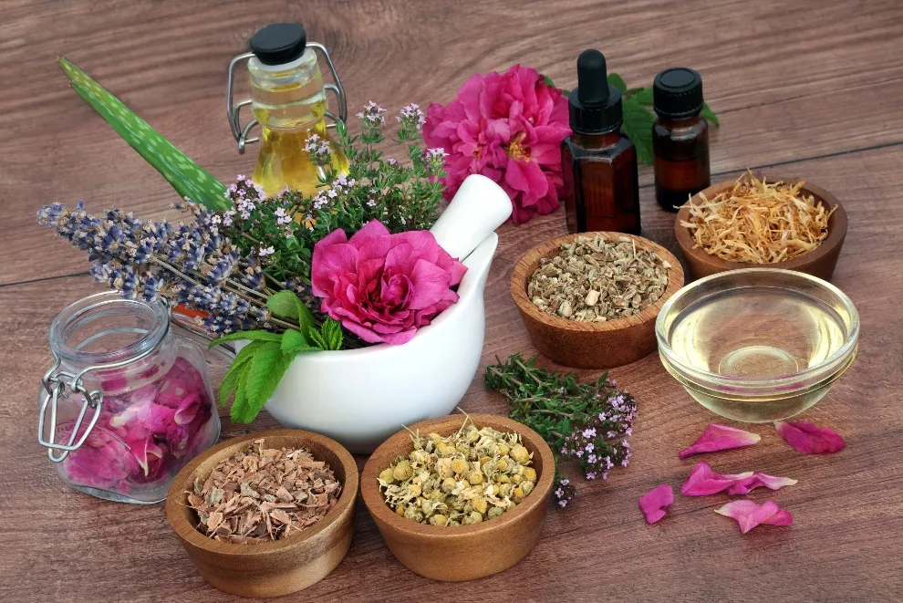 Mortar with herbs and natural ingredients