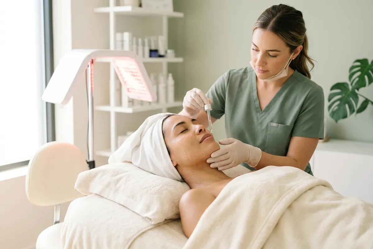 Woman receiving a professional anti-ageing facial with serum and LED light in a clinical setting