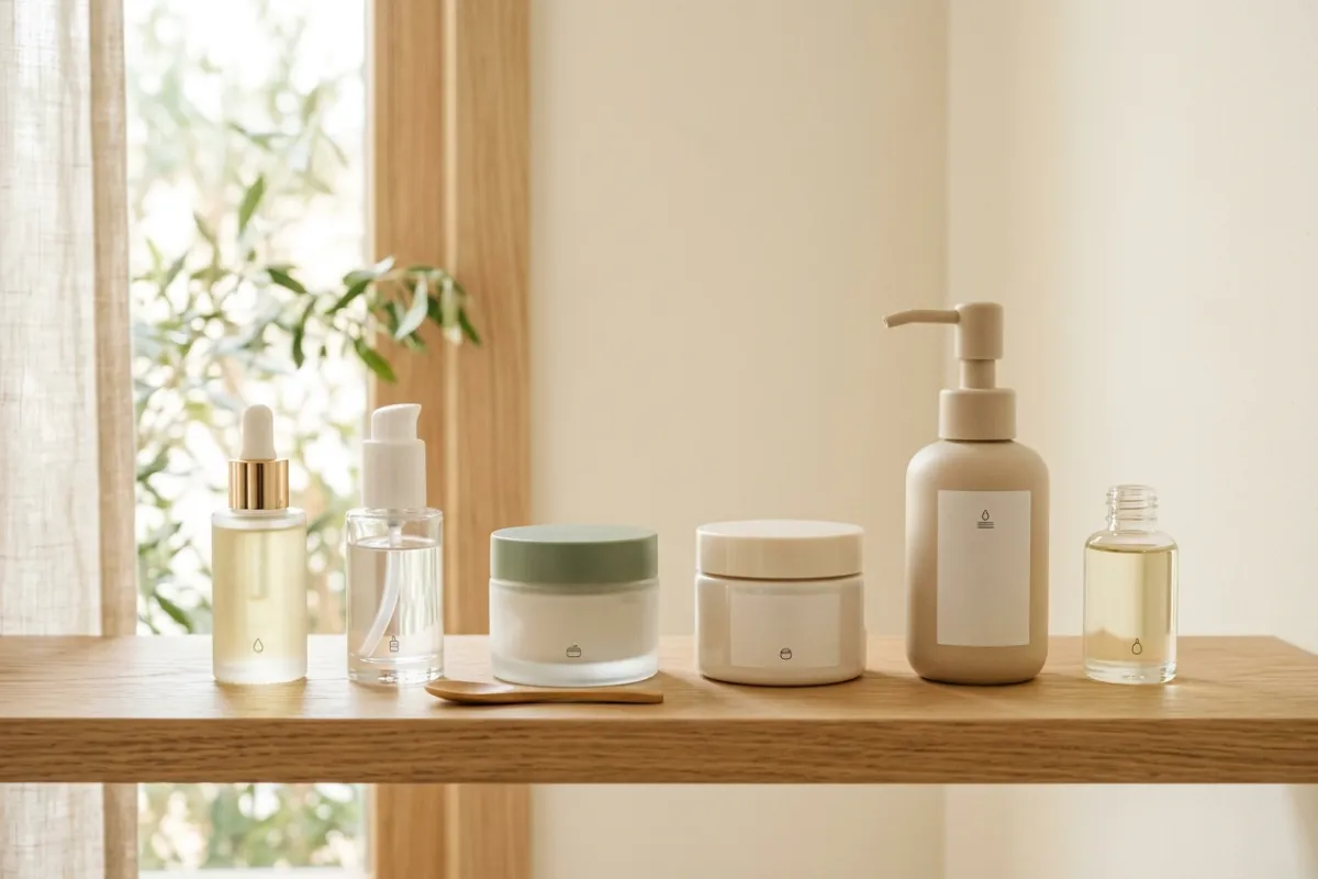 Daglige hudplejeprodukter med serum, fugtighedscreme og rensemiddel på træhylde i naturligt lys