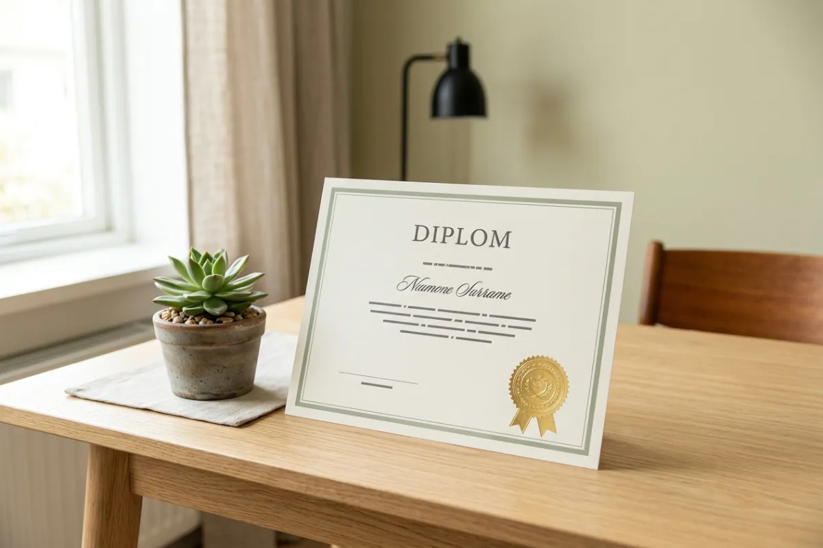 Elegant diplom med guldsegl på skrivebord ved siden af potteplante i skandinavisk indretning