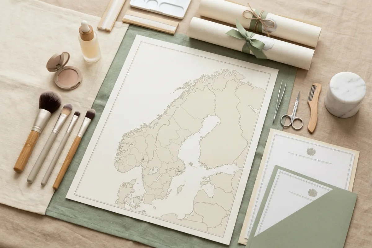 Kort over Skandinavien omgivet af professionelle skønhedsredskaber og certifikater
