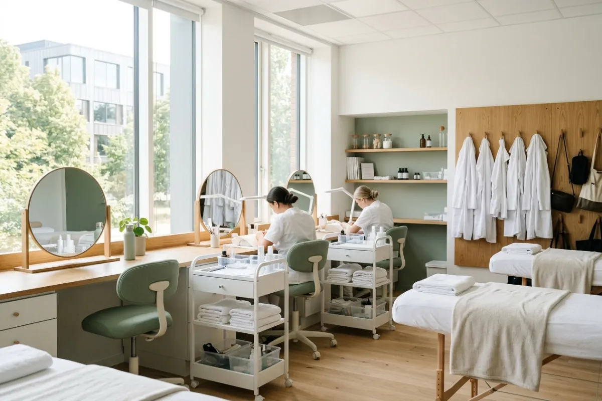 Lyst og moderne klasselokale med behandlingsstationer og hvide kitler på kosmetologskole