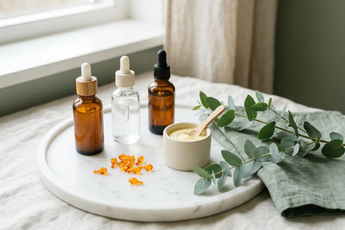 Aktive hudplejeingredienser med serumflasker, C-vitaminkapsler og retinolcreme på marmorbakke