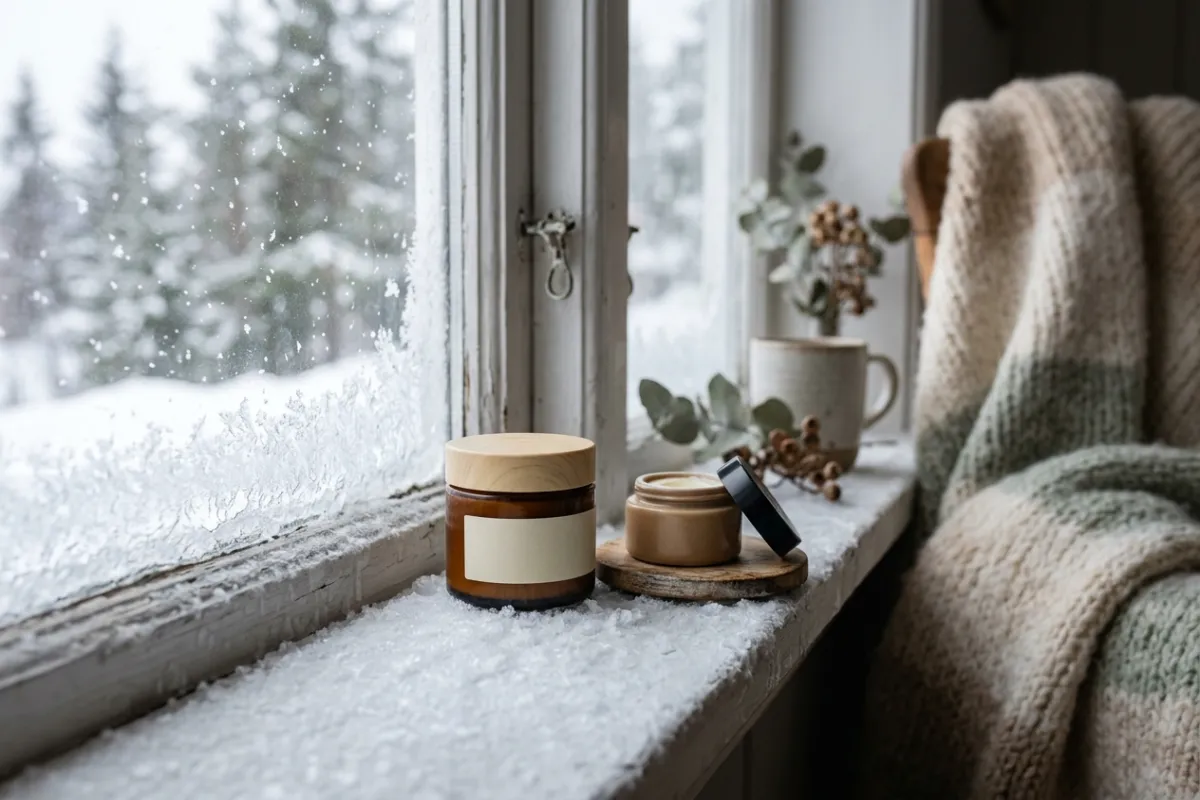 Rig fugtighedscreme og laebebalsam på frostdækket vinduskarm med strikket tæppe og vinterlandskab