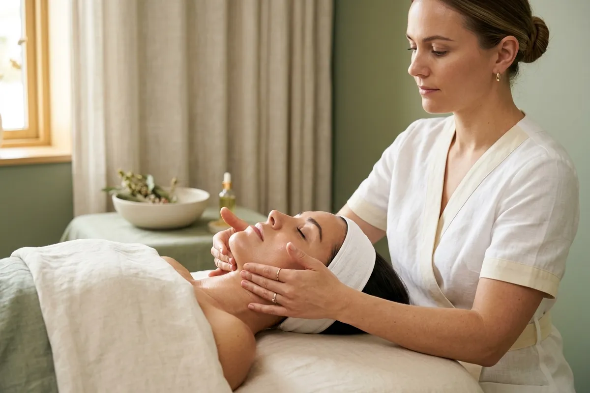 Cosmetologist performing Japanese lifting massage on a woman's face with precise lifting techniques