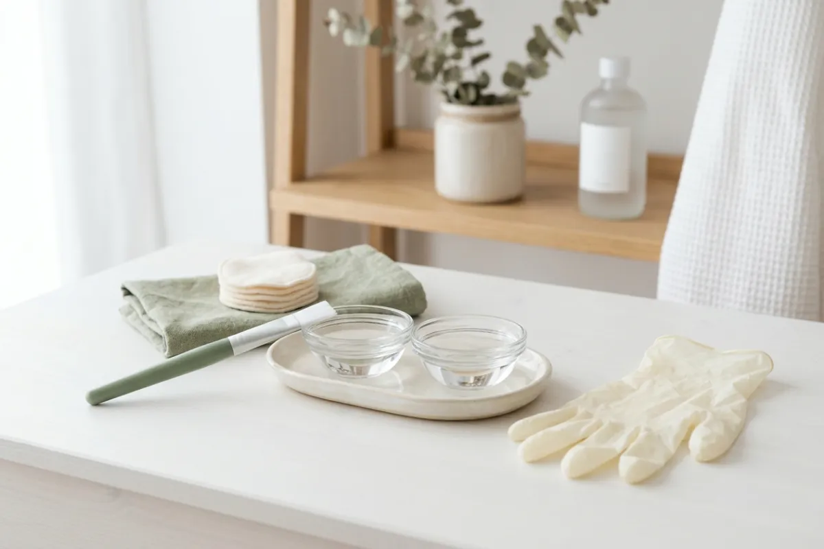 Professionelt kemisk peeling-setup med glasskåle, appliceringspensel og handsker på hvid overflade