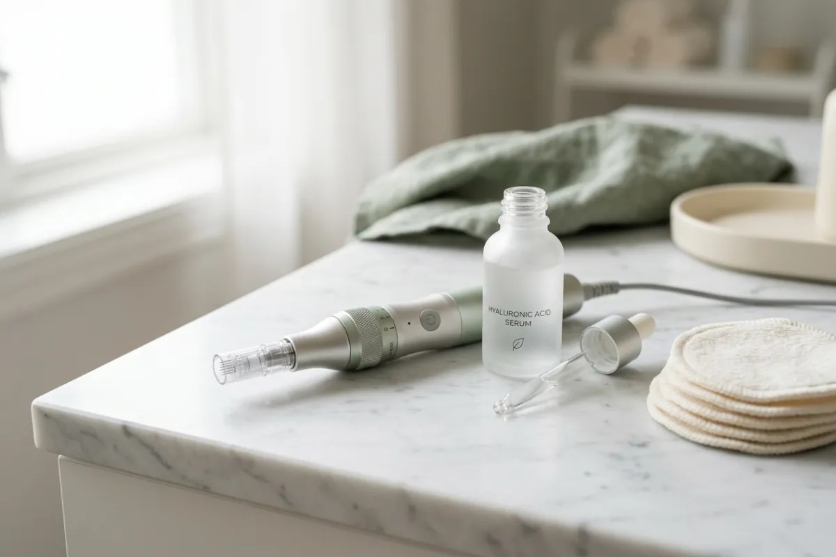 Professionel microneedling dermapen og hyaluronsyreserum på hvid marmoroverflade