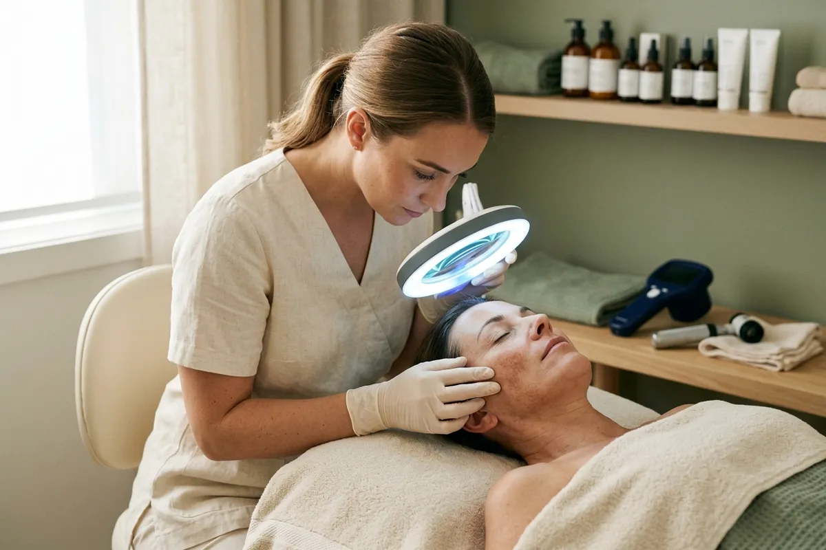 Skin therapist examining pigmentation changes on a face with a magnifying lamp in a treatment room