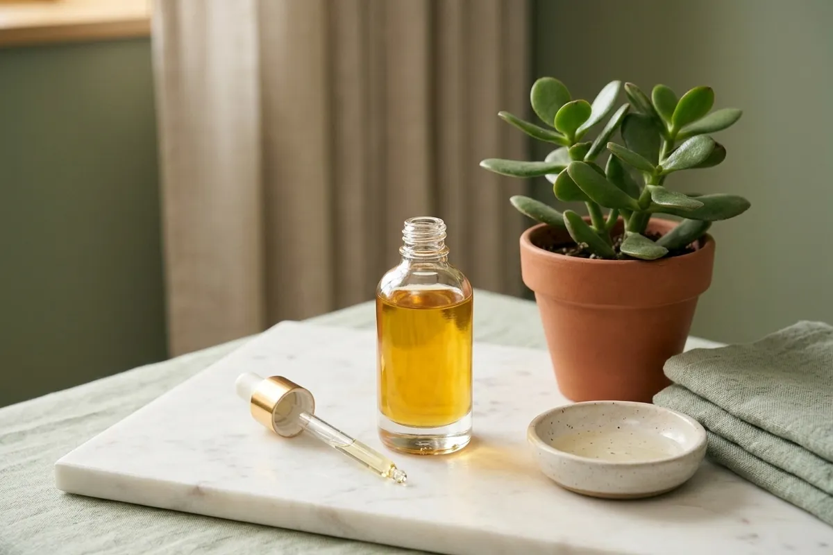Retinol serum in a glass bottle with pipette surrounded by skincare products on a minimalist marble background
