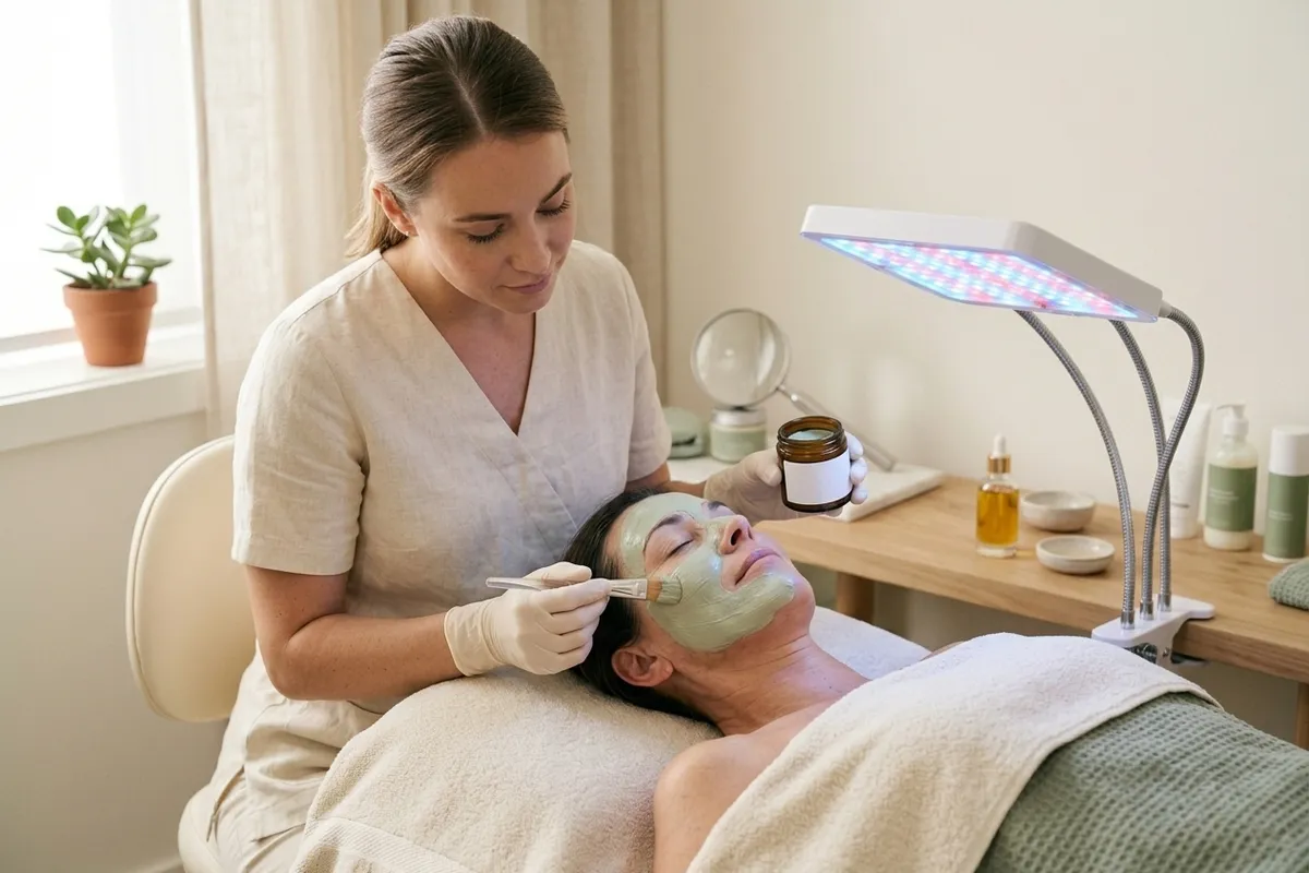 Gentle facial treatment with soothing mask and LED light therapy for rosacea-prone skin