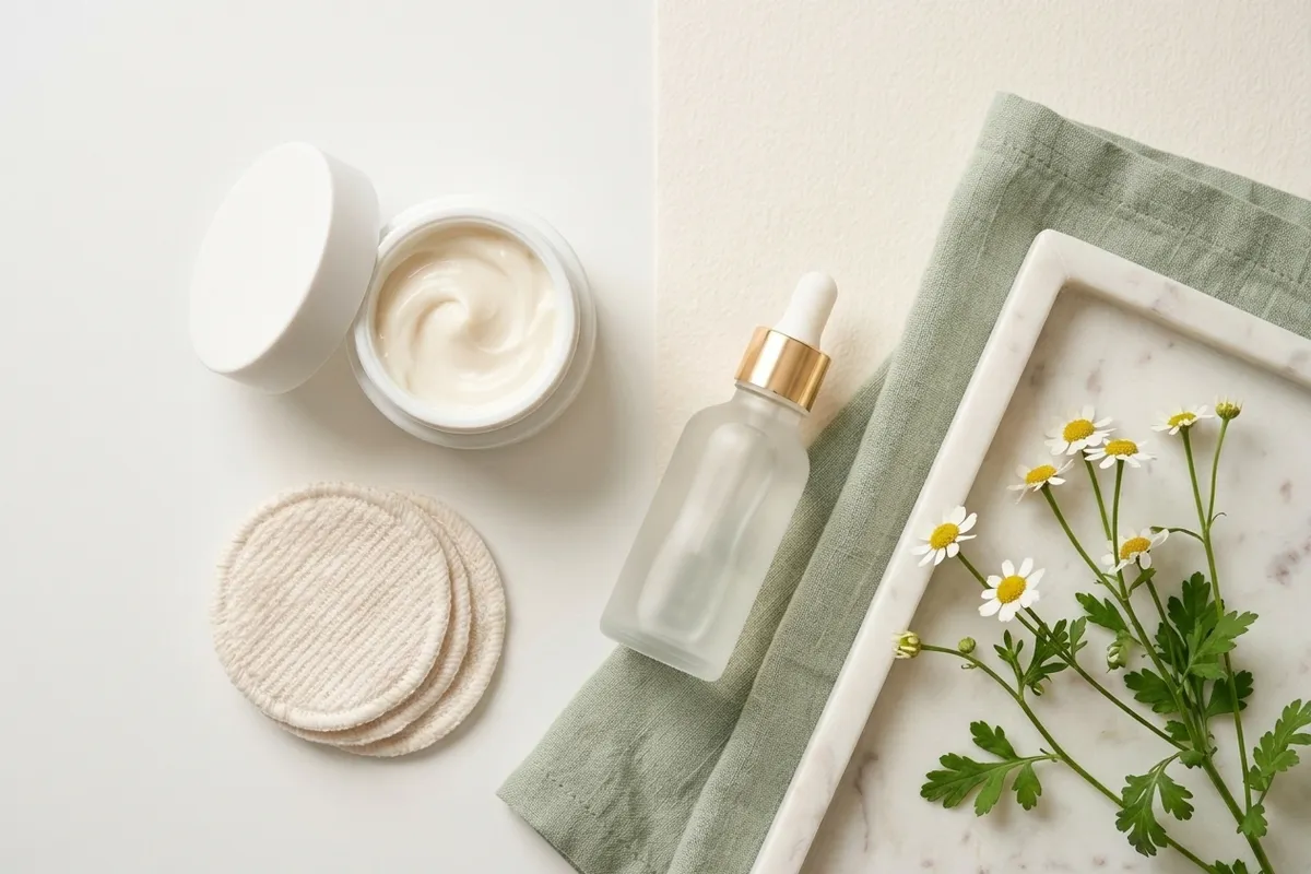 Mild fragrance-free skincare products with ceramide cream and soothing serum for sensitive skin