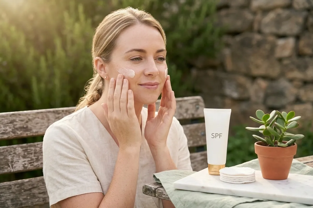 Sunscreen with SPF being applied to the face with light strokes, sun protection products in the background