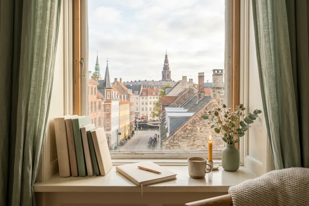 Udsigt over Københavns tage fra vindue med fagbøger og notesbog på vindueskarmen