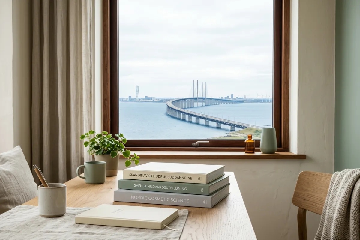 Øresundsbroen set fra vindue med skandinaviske hudplejebøger på skrivebord