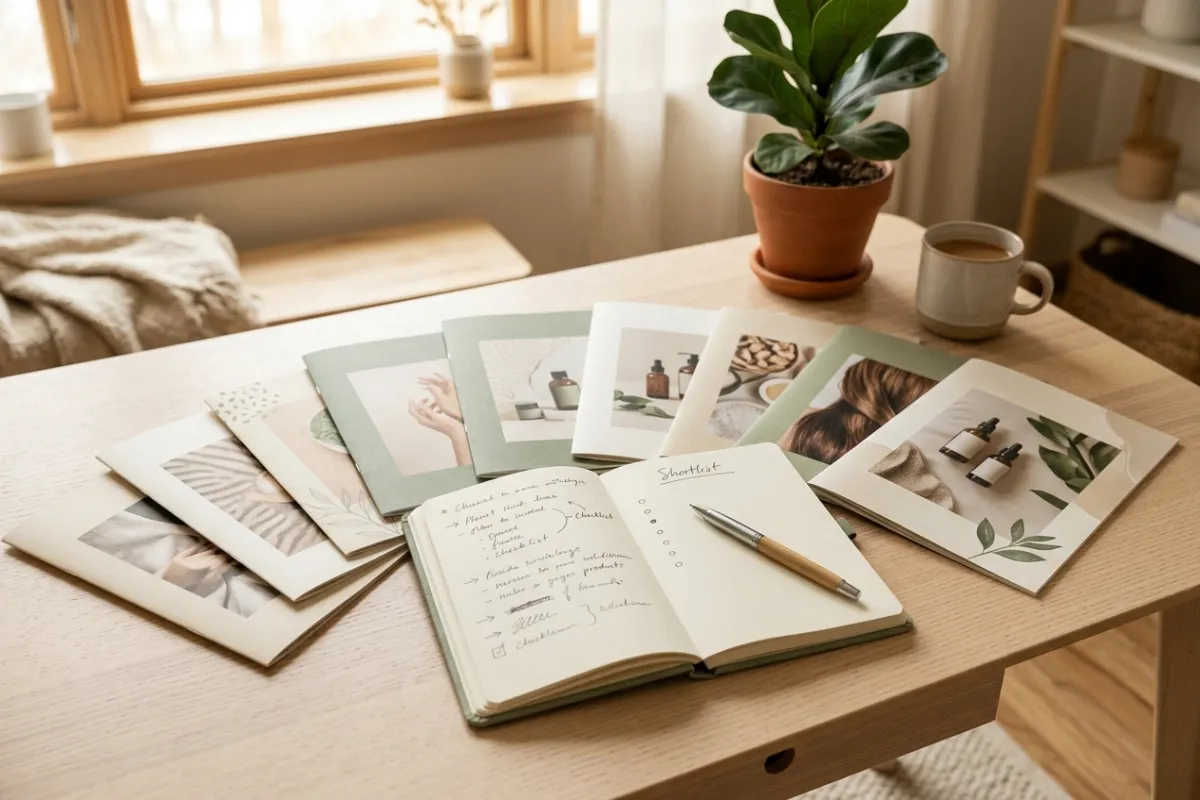 Uddannelsesbrochurer og notesbog spredt ud på skrivebord med pen som symbol på valg af skønhedsuddannelse